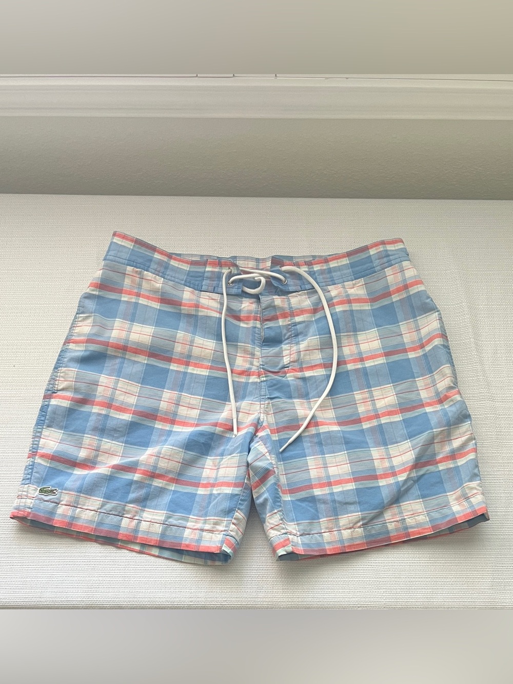 Lacoste Men's Plaid Swim Trunks Size M Blue Coral Check Board Shorts MH6583